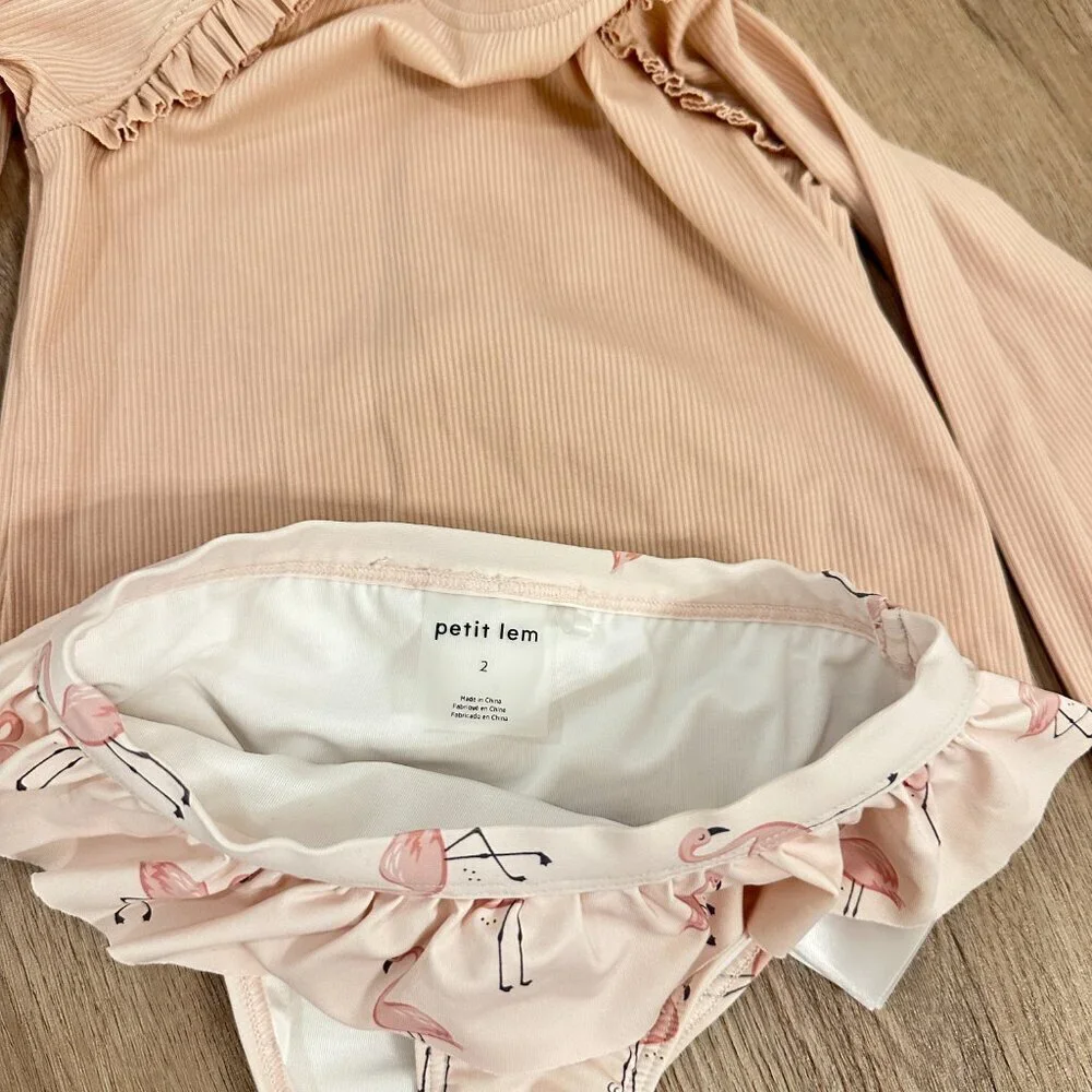 PETIT LEM Ribbed Long-Sleeve Rose Quartz & Flamingos Rashguard Set Size 2